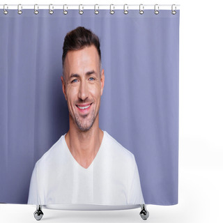 Personality  Close Up Photo Amazing He Him His Middle Age Macho Perfect Ideal Appearance Easy-going Reliable Person Look Calm Show White Teeth Bristle Wear Casual White T-shirt Isolated Grey Background Shower Curtains