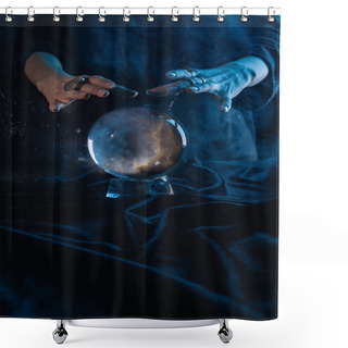 Personality  Cropped View Of Witch Performing Ritual With Crystal Ball On Dark Blue Shower Curtains