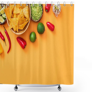 Personality  Top View Of Crispy Nachos, Guacamole And Spices On Orange Background With Copy Space Shower Curtains