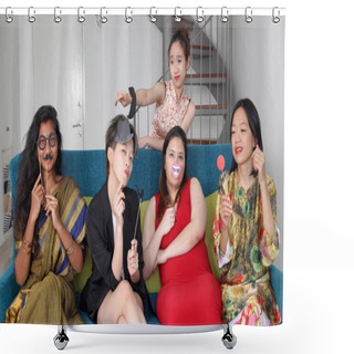 Personality  Young Asian Woman Group Talk Sing Making Funny Mocking Faces Expression Selfie Portrait Paper Props Mustache Hat Pipe Nose Hair On Blue Living Room Sofa Sit Shower Curtains