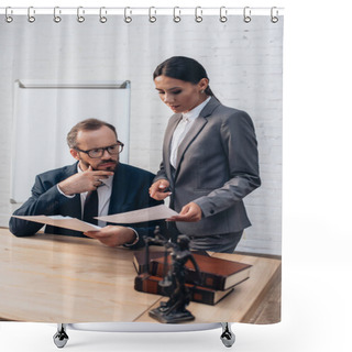 Personality  Selective Focus Of Bearded Lawyer In Glasses Looking At Documents While Coworker Pointing With Finger In Office Shower Curtains