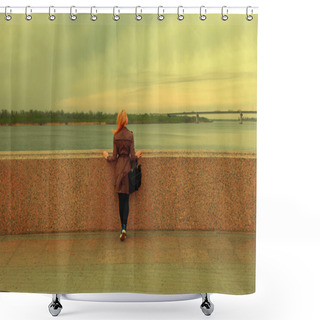 Personality  Beautiful Young Woman Is Looking At View Over The River Rear Shot. Attractive Girl Enjoys Summer And Warm Sunlight. The Wind Blew Her Hair. Toned, Copyspace Shower Curtains