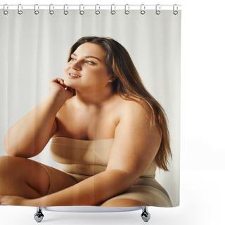 Personality  Cheerful Model With Plus Size Body In Strapless Top With Bare Shoulders Posing While Sitting In Studio Isolated On Grey Background, Body Positive, Self-love, Relaxing, Looking Away  Shower Curtains