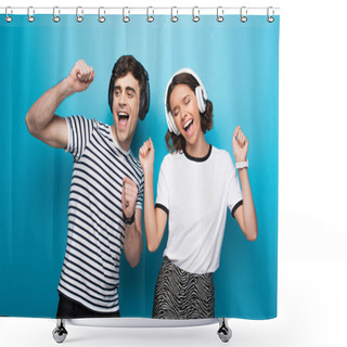 Personality  Excited Man And Woman Dancing While Listening Music In Headphones On Blue Background Shower Curtains