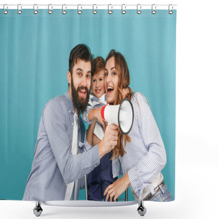 Personality  Happy Father And Son Playing Together With Soccer Ball On White Shower Curtains