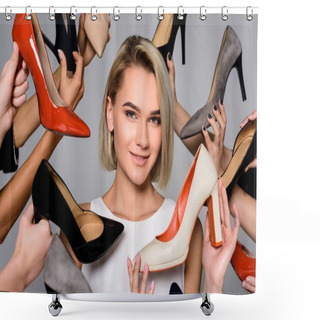 Personality  Blonde Girl And Lots Of Hands Holding Stylish Heels, Isolated On Grey Shower Curtains