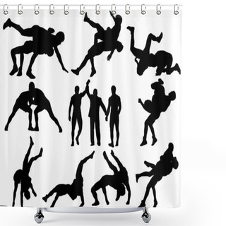Personality  Wrestlers And Referee Silhouettes On White Background Shower Curtains