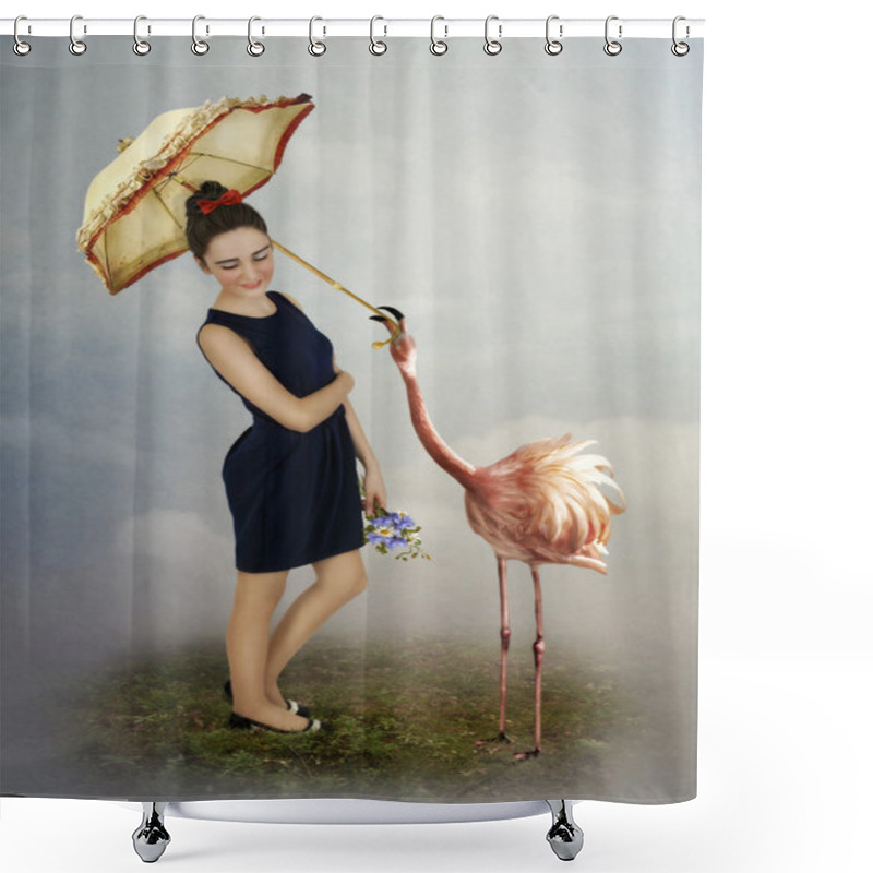 Personality  Girl With Umbrella And  Flamingo Shower Curtains