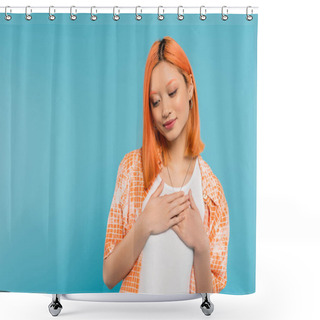 Personality  Grateful, Young Asian Woman With Dyed Red Hair Smiling And Holding Hands Near Chest On Vibrant Blue Background, Pleased, Generation Z, Casual Attire, Looking Away, Young Culture  Shower Curtains