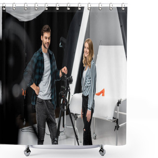 Personality  Happy Young Photographers Standing Near Professional Photo Equipment And Smiling At Camera In Studio  Shower Curtains
