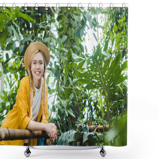 Personality  Beautiful Young Woman In Straw Hat Spending Time In Botanical Garden Shower Curtains