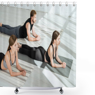 Personality  Two Young Women And Man Practicing Yoga In Sphinx Pose Shower Curtains