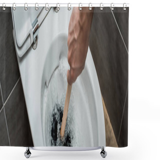Personality  Cropped View Of Plumber Using Plunger In Toilet Bowl During Flushing In Modern Restroom With Grey Tile, Panoramic Shot Shower Curtains