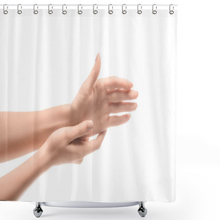Personality  Cropped View Of Woman Hands Touching Isolated On White Shower Curtains