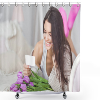Personality  Young Attractive Woman With Flowers Reading A Note From Boyfriend. Lady Indoors With Flowers Reading A Message From Lover. Valentine Congrats. Shower Curtains