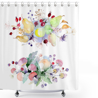 Personality  Bouquet With Flowers And Fruits. Wild Spring Leaf Wildflower Isolated. Watercolor Background Illustration Set. Watercolour Drawing Fashion Aquarelle. Isolated Bouquet Illustration Element. Shower Curtains
