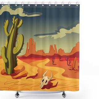 Personality  Cartoon Color Desert Landscape Scene Concept. Vector Shower Curtains
