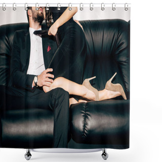 Personality  Cropped View Of Sexy Girl In Black Dress Holding Tie Of Bearded Man Sitting On Sofa  Shower Curtains