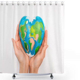 Personality  Cropped View Of Globe In Female Hands On White Background, Earth Day Concept Shower Curtains