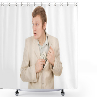 Personality  Guy Puts The Money In His Pocket And Looks Around Shower Curtains