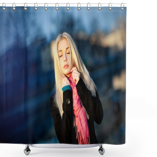 Personality  Portrait Of Beautiful Sensual Girl With Thick Blond Hair, Eyes C Shower Curtains