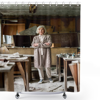 Personality  Selective Focus Of Senior Woman Standing With Crossed Arms Near Dirty Tables  Shower Curtains