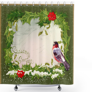 Personality  Vector Old Vintage Postcard With Holly And Bullfinch Shower Curtains