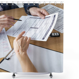 Personality  Cropped View Of Car Dealer Showing Car Loan Application Form To Woman In Office Shower Curtains