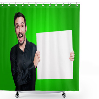 Personality  Happy Man Holding Blank White Board On Green Backgroud Shower Curtains