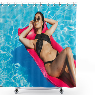 Personality  Asian Girl In Swimsuit And Sunglasses Relaxing On Inflatable Mattress In Swimming Pool Shower Curtains