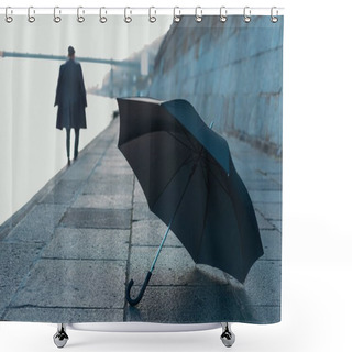 Personality  Umbrella Lying On River Shore While Man Walking Blurred On Background Shower Curtains