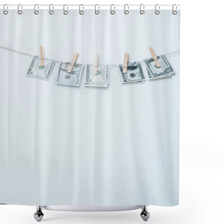 Personality  Dollar Banknotes Hanging On Rope With Clothes Pins Isolated On Grey Shower Curtains