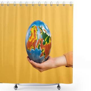 Personality  Cropped View Of Globe In Woman Hand Isolated On Yellow Shower Curtains
