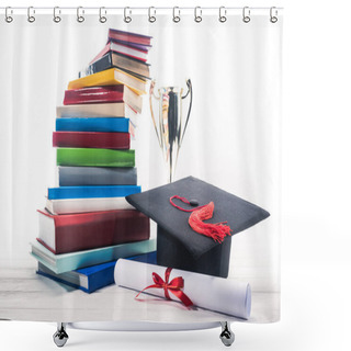 Personality  Graduation Hat With Diploma And Trophy Cup By Stack Of Books Shower Curtains
