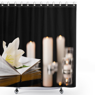 Personality  Lily On Holy Bible On Blurred Background, Funeral Concept Shower Curtains