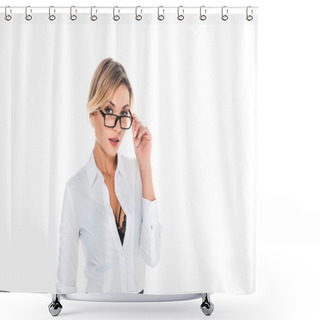 Personality  Attractive Blonde Teacher In Blouse With Open Neckline Taking Off Glasses Isolated On White Shower Curtains
