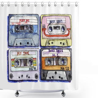 Personality  Watercolor Illustration Of Tape Cassettes Shower Curtains