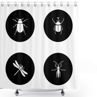 Personality  Insects Glyph Icons Set. Chafer, Hercules Beetle, Dragonfly, Grasshopper. Vector White Silhouettes Illustrations In Black Circles Shower Curtains