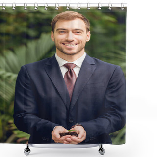 Personality  Happy Smiling Businessman In Suit And Tie Holding Green Sprout And Ground In Hands In Orangery Shower Curtains