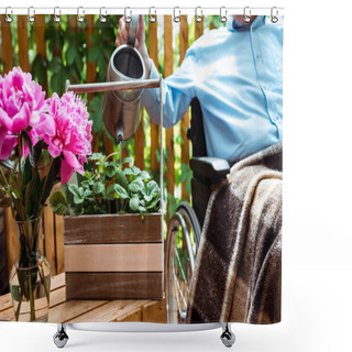 Personality  Cropped View Of Senior Disabled Man Sitting In Wheelchair And Watering Plant  Shower Curtains