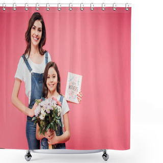 Personality  Happy Mother And Daughter Smiling While Holding Flowers And Greeting Card On Mothers Day Isolated On Pink  Shower Curtains