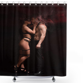 Personality  Side View Of Sexy Girl In Lingerie And Mask Gently Touching Boyfriend On Black Shower Curtains