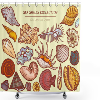 Personality  Sea Shells Collections Icon, Time To Travel Advertisement Banner Cartoon Vector Illustration. Explore Ocean Flora Fauna, Seaside Wildlife. Shower Curtains