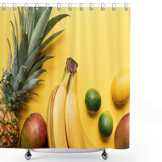 Personality  Top View Of Whole Ripe Bananas, Pineapple, Citrus Fruits And Mango On Yellow Background With Copy Space Shower Curtains
