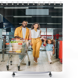 Personality  Smiling African American Man Carrying Shopping Trolley While His Wife Holding Hand Of Daughter In Supermarket Shower Curtains