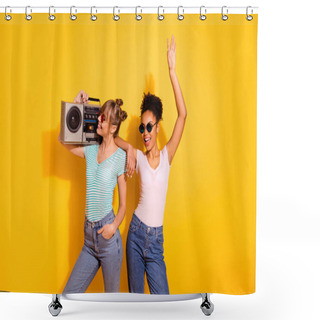 Personality  Portrait Positive Cheerful Funny Enjoy Weekend Journey Vacation Free Time Holiday Beach Sea Retro Hair Wavy Curly Top-knot Trendy Style Stylish T-shirt Jeans Specs Bright Isolated Yellow Background Shower Curtains