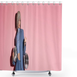 Personality  Trendy Woman In Luxury Headwear And Suit Holding Mirror Balls On Pink Background, Banner  Shower Curtains