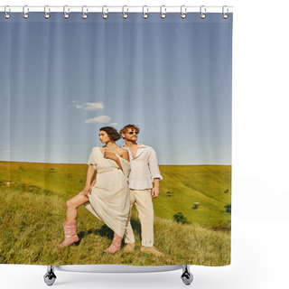 Personality  Asian Woman In Wedding Dress And Cowboy Boots Near Redhead Groom In Sunglasses In Countryside Shower Curtains