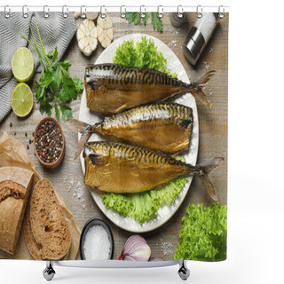 Personality  Flat Lay Composition With Tasty Smoked Fish On Wooden Table Shower Curtains