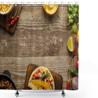 Personality  Top View Of Delicious Tacos With Ingredients And Mustard On Wooden Background Shower Curtains